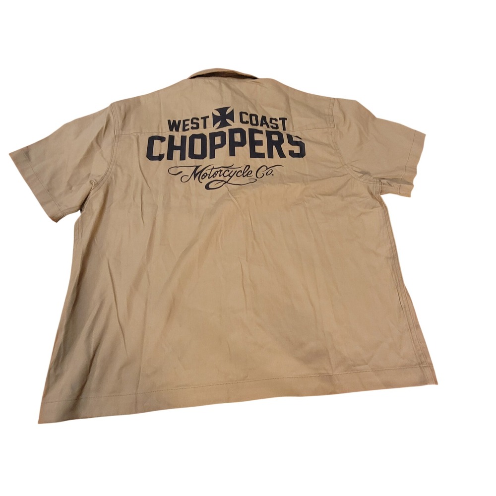 West Coast Choppers Work Shirt Jesse James Biker Mens L Tan Excellent Graphic